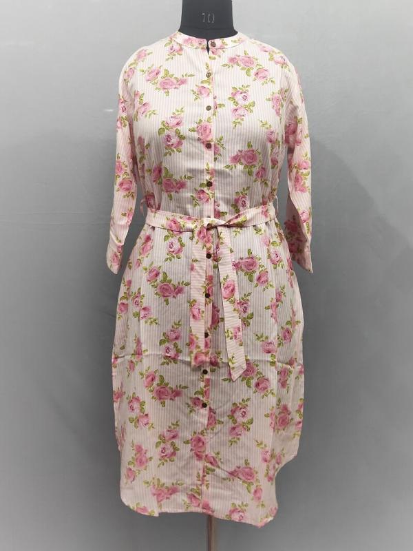Pink Floral Print Cotton Midi with Waist Tie